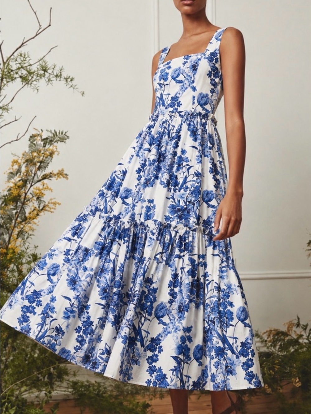 Cara Cara White Midi Dress with Blue Floral Print